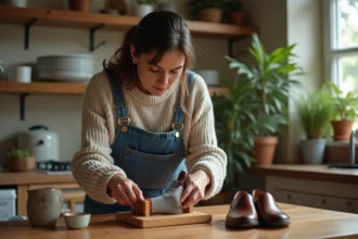 Femme d'âge moyen ajustant une chaussure avec un redresseur dans une cuisine chaleureuse