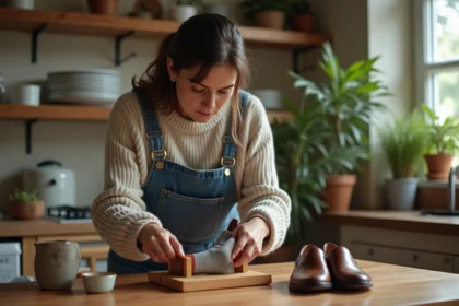 Femme d'âge moyen ajustant une chaussure avec un redresseur dans une cuisine chaleureuse