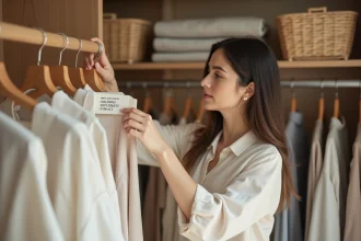 Femme lisant l'étiquette de composition d'un vêtement Thehalara dans un dressing organisé
