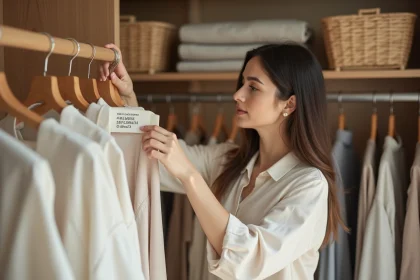 Femme lisant l'étiquette de composition d'un vêtement Thehalara dans un dressing organisé
