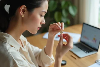 Femme examinant un pendentif en or gravé avant de passer commande en ligne, tenant le bijou entre ses doigts avec attention