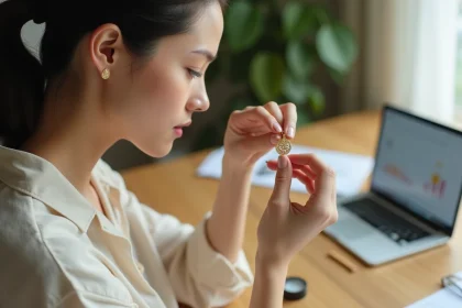 Femme examinant un pendentif en or gravé avant de passer commande en ligne, tenant le bijou entre ses doigts avec attention