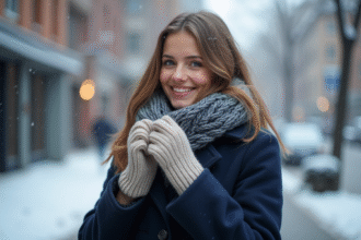 Jeune femme en manteau bleu hiver ajustant ses gants chauds
