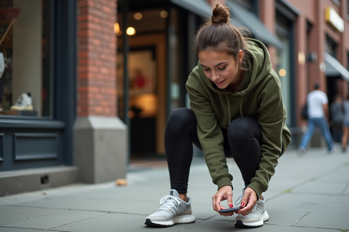 Femme inspectant une sneaker en extérieur en ville