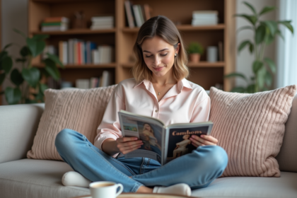Femme assise sur un canapé lit en train de lire un magazine féminin