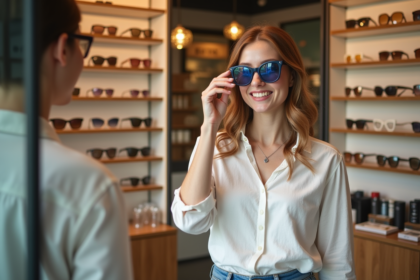 Femme portant des lunettes de soleil colorées dans une boutique tendance