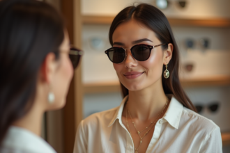 Femme élégante essayant des lunettes de soleil modernes dans une boutique lumineuse