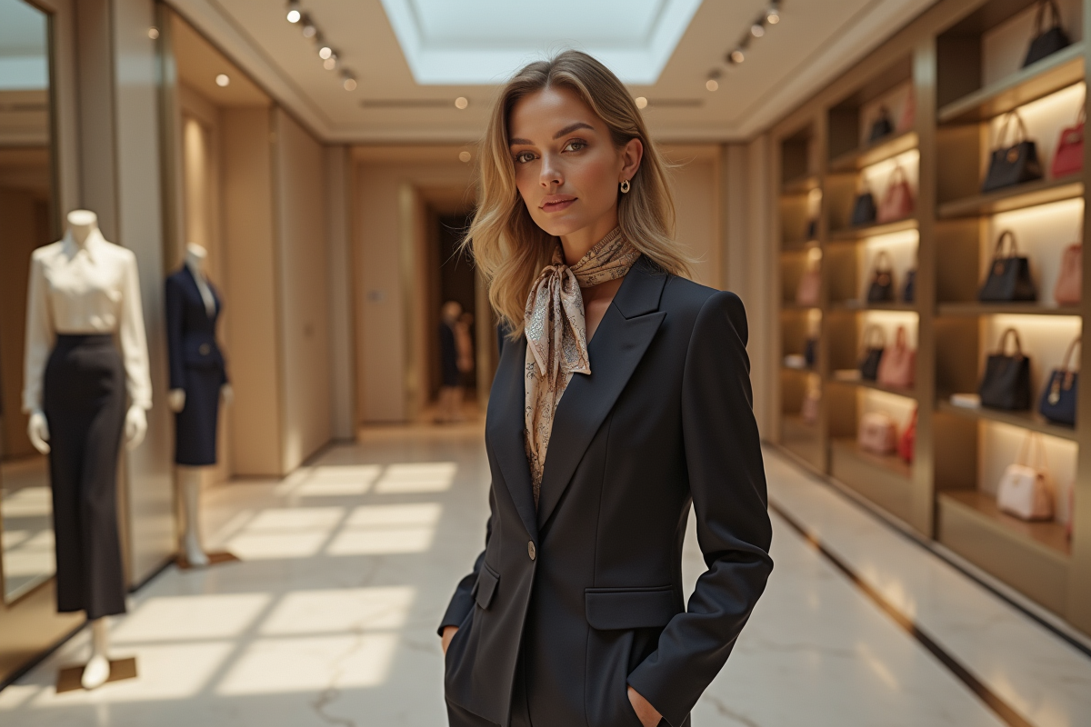 Femme élégante en costume dans une boutique de luxe