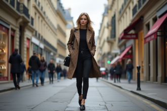 Femme élégante marchant dans Paris avec trench chic