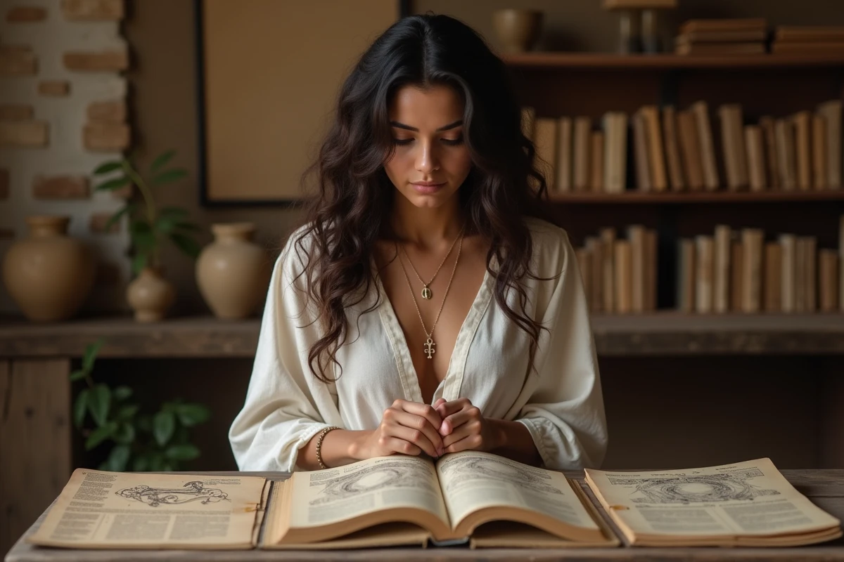 Femme tenant un pendentif croix ankh en consultant des livres sur l'astrologie égyptienne et les signes du zodiaque