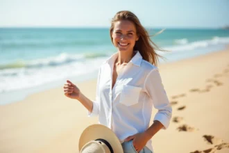 Femme souriante en tenue légère sur la plage