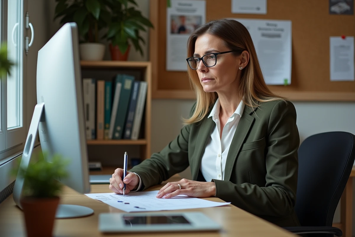 Femme organisée planifiant le lancement de son blogue dans un bureau à domicile aménagé