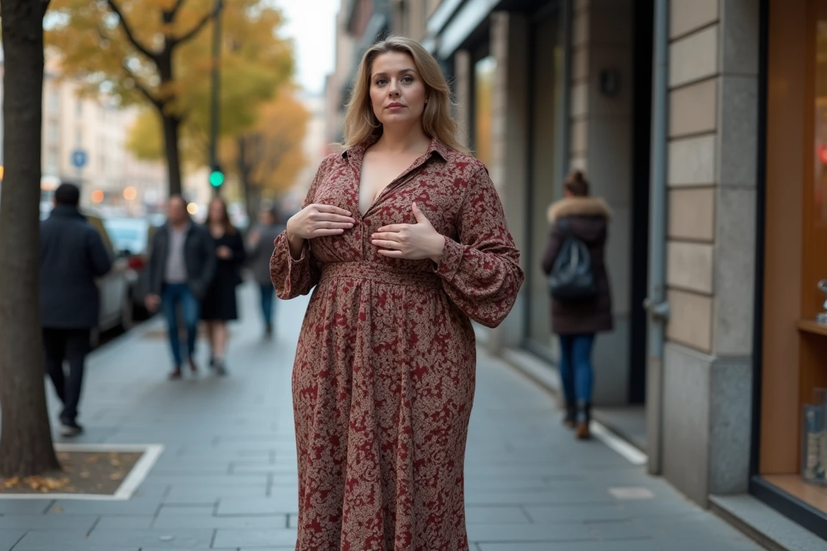 Femme confiante en robe à motif dans la rue urbaine