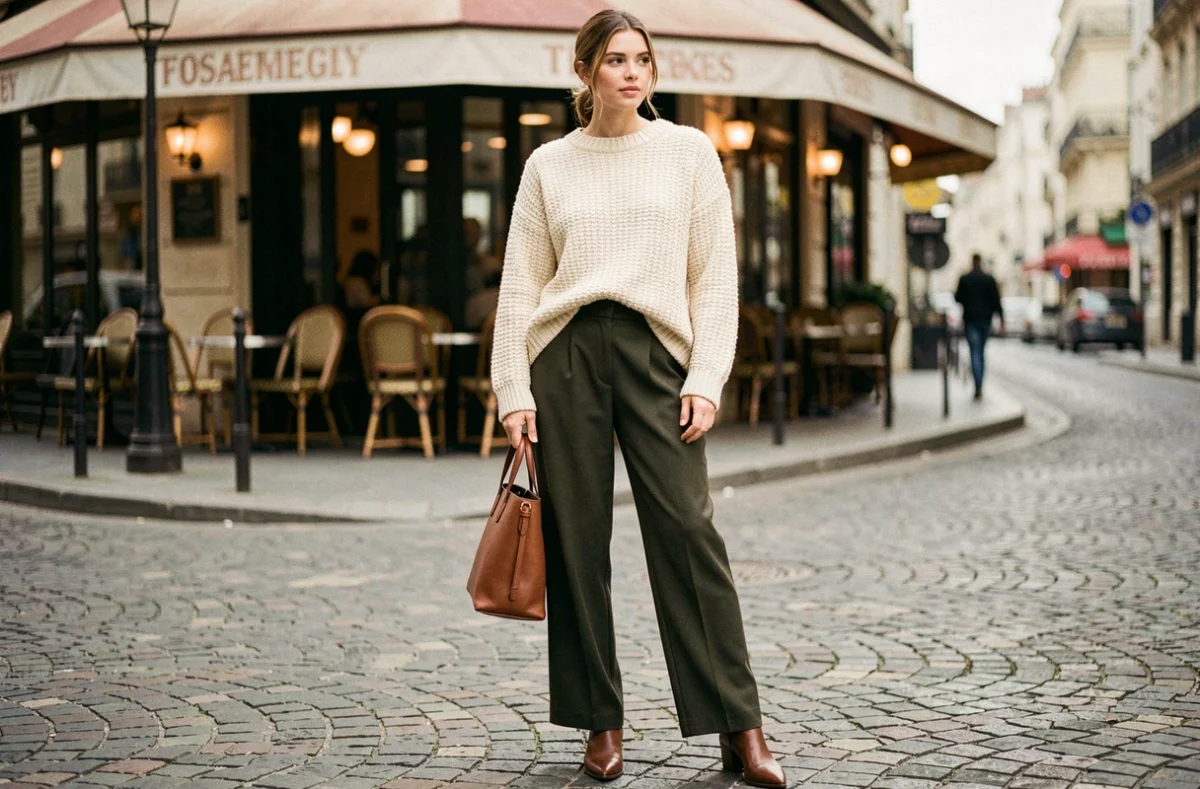 Femme en pull oversize crème et pantalon large olive dans une rue parisienne, look stylé sans silhouette tassée