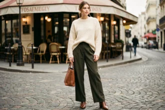 Femme en pull oversize crème et pantalon large olive dans une rue parisienne, look stylé sans silhouette tassée