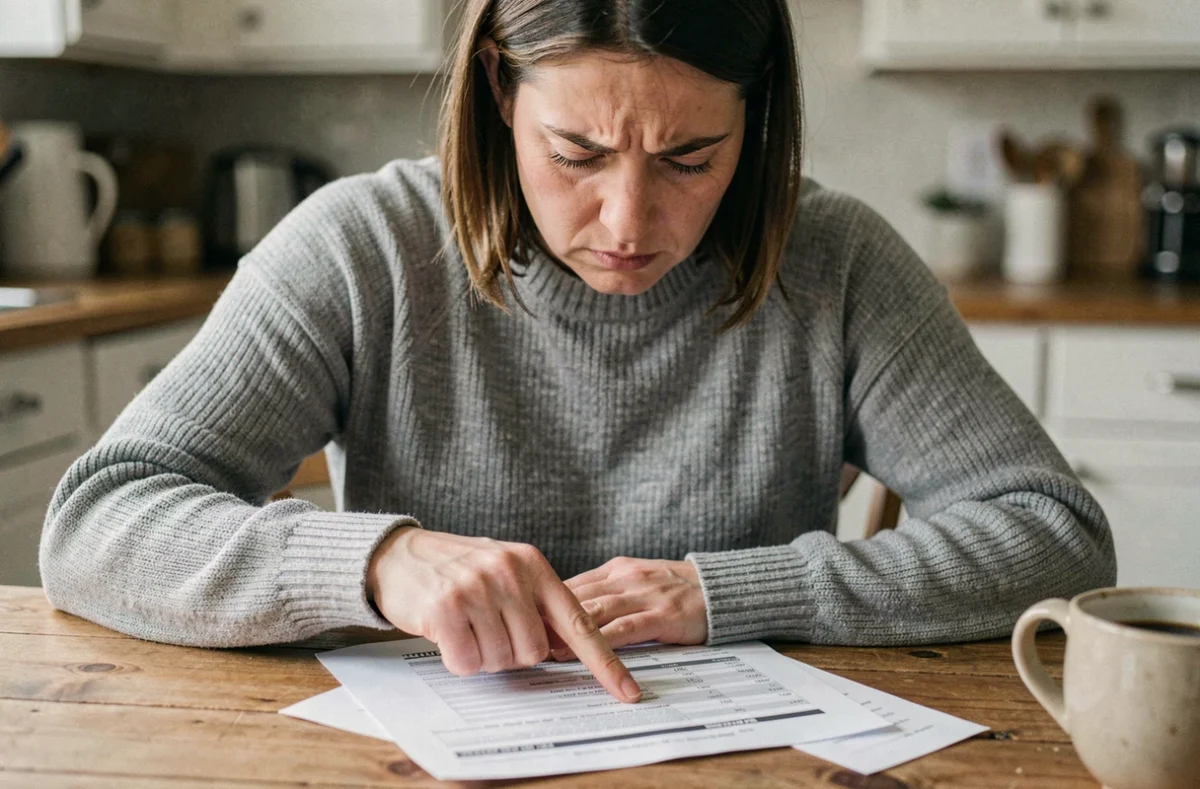 Femme consultant son relevé bancaire papier à la maison, cherchant à identifier une transaction inconnue marquée Sonstiges
