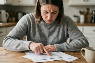 Femme consultant son relevé bancaire papier à la maison, cherchant à identifier une transaction inconnue marquée Sonstiges
