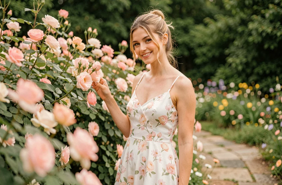 Jeune femme en robe fleurie pastel posant dans un jardin fleuri pour un shooting photo Instagrammable