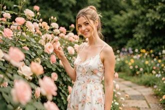 Jeune femme en robe fleurie pastel posant dans un jardin fleuri pour un shooting photo Instagrammable