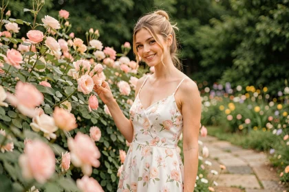 Jeune femme en robe fleurie pastel posant dans un jardin fleuri pour un shooting photo Instagrammable