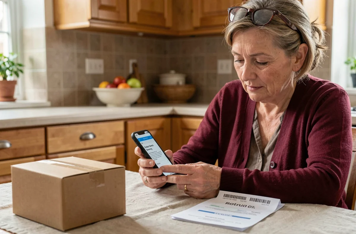 Femme senior vérifiant une commande Matenue La Poste sur smartphone avec bon de retour sur la table