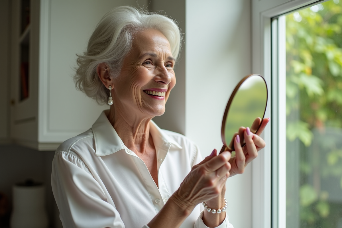 Femme élégante se maquillant devant une fenêtre de cuisine