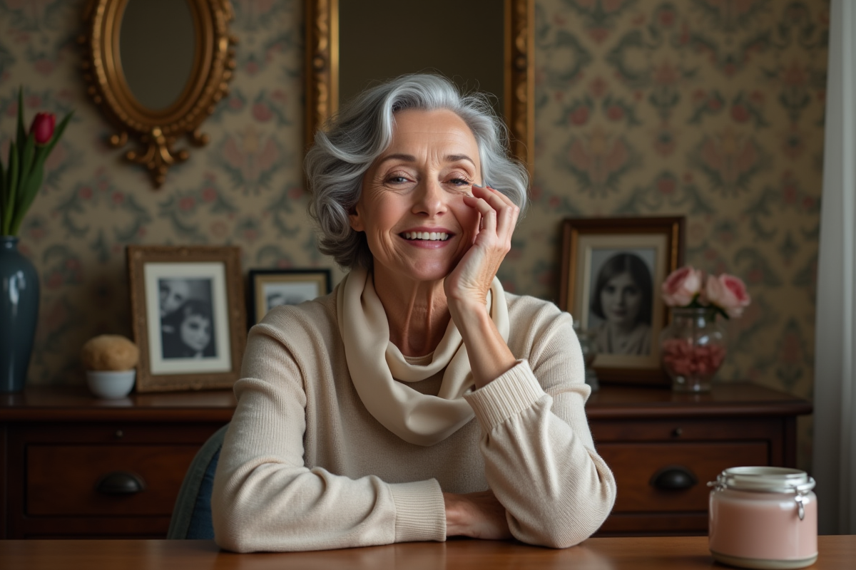 Femme septuenaire appliquant du rouge à lèvres dans sa chambre