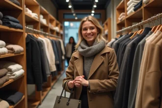 Femme souriante dans une boutique de mode hiver