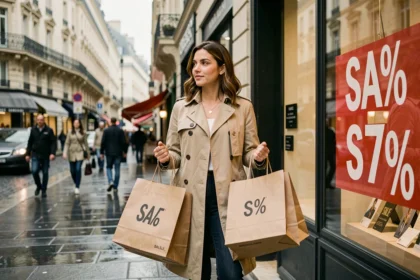 Femme tenant des sacs de shopping dans une rue commerçante française lors des derniers jours des soldes 2026