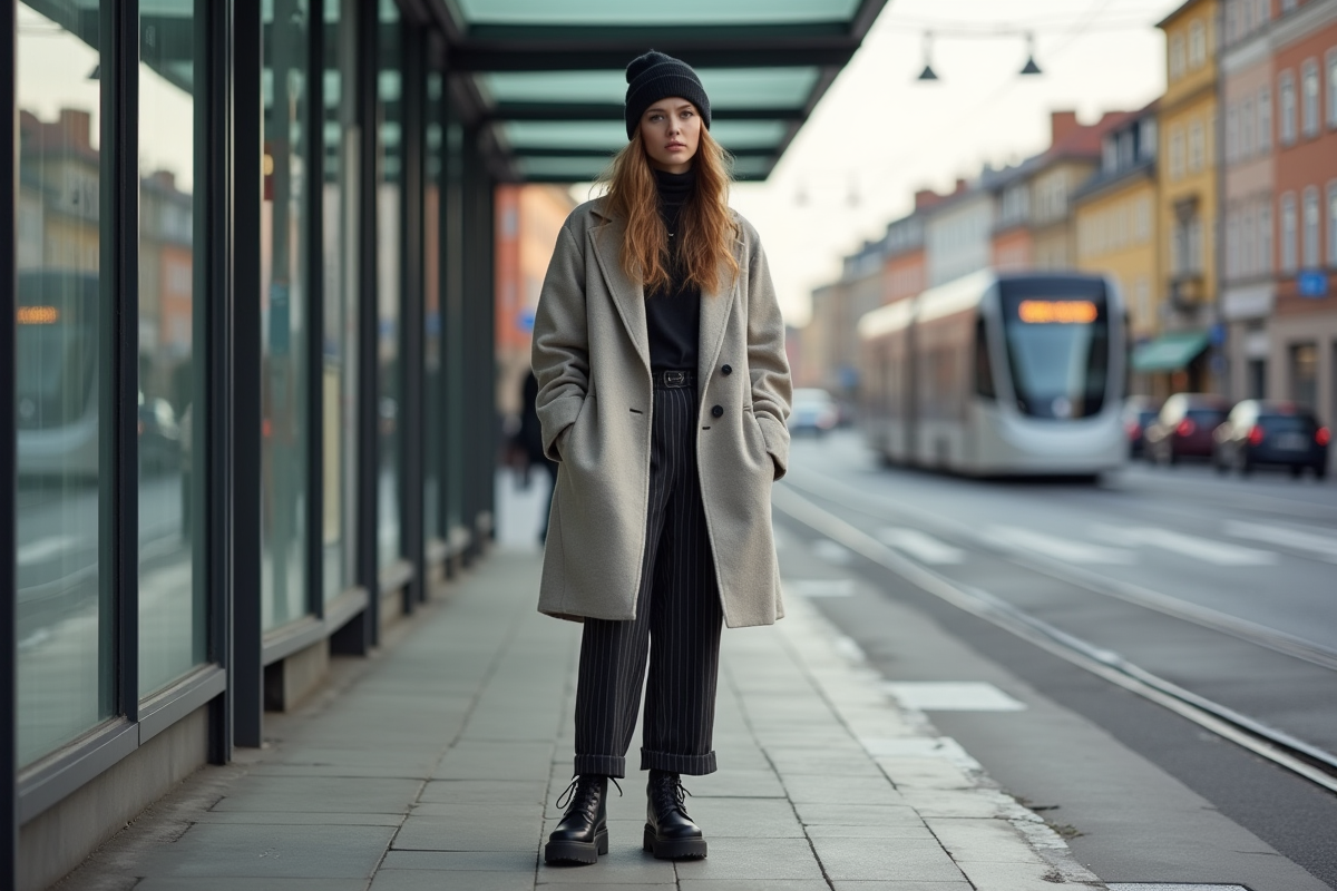 Femme suédoise élégante à l arrêt de tram