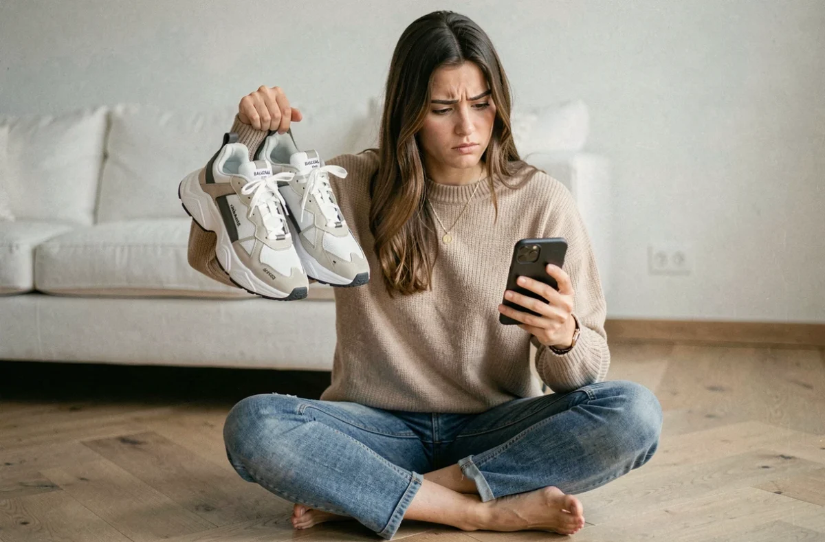 Jeune femme examinant une paire de Balenciaga d'occasion avec un regard sceptique tout en consultant une application de revente sur son téléphone