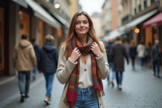 Femme confiante ajustant une écharpe colorée dans la rue urbaine