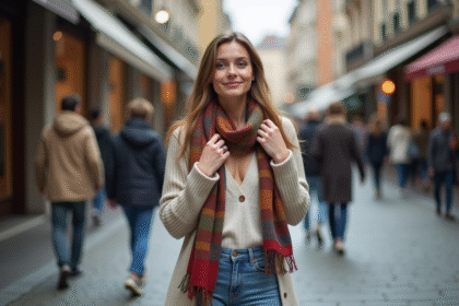 Femme confiante ajustant une écharpe colorée dans la rue urbaine