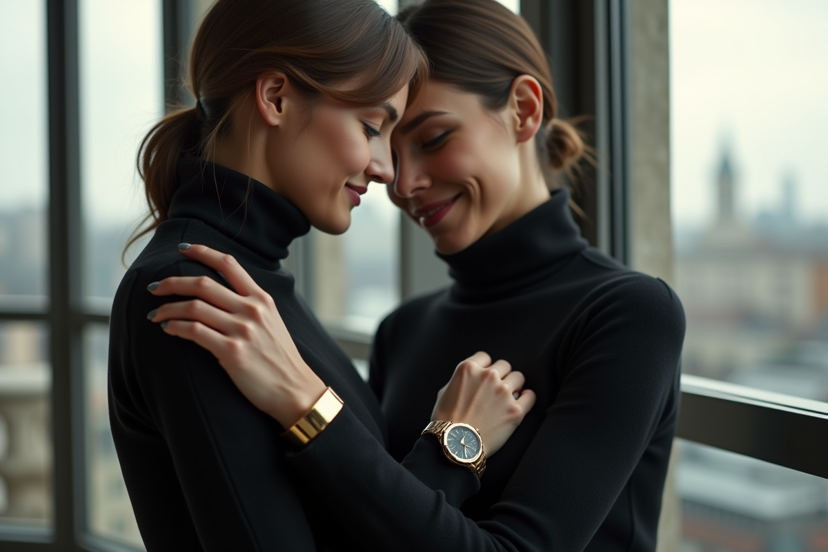 Femme élégante regardant sa montre près d une fenêtre urbaine