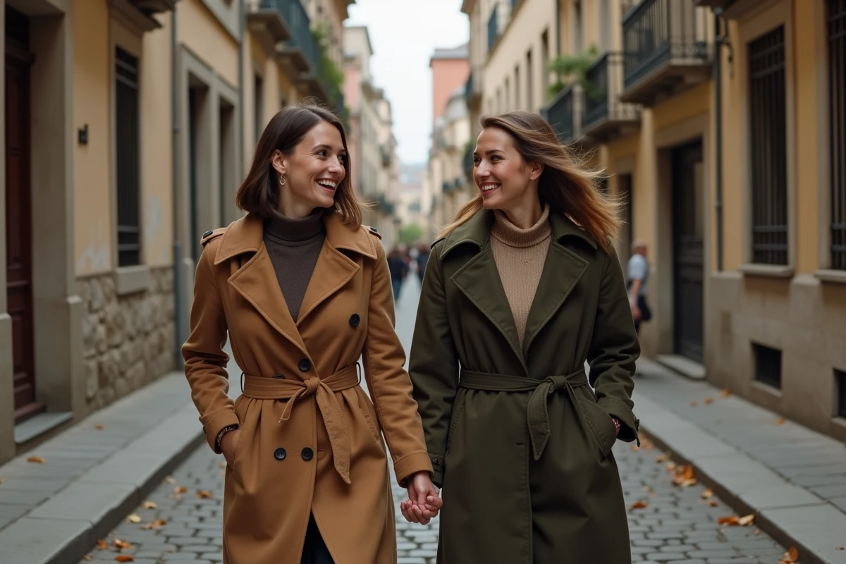 Deux femmes portant des bracelets d'amour argentés assortis en se promenant dans une rue pavée européenne en automne