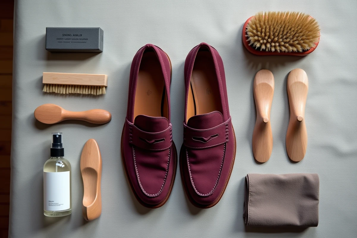 Flat lay des accessoires d'entretien pour chaussures en daim bordeaux avec brosse gomme et spray renovateur