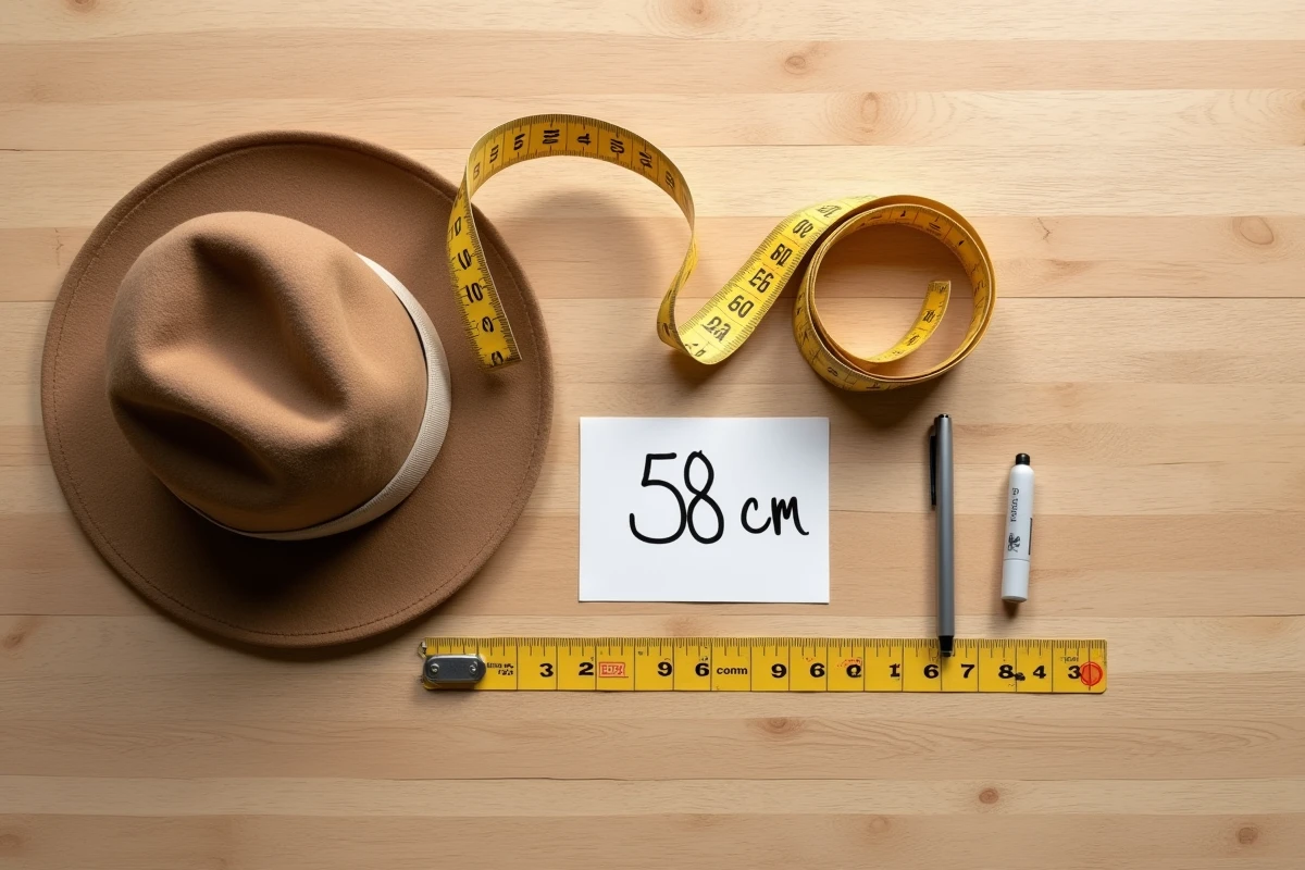 Flat lay d'un chapeau fedora, d'un mètre ruban et d'une note indiquant le tour de tête en centimètres