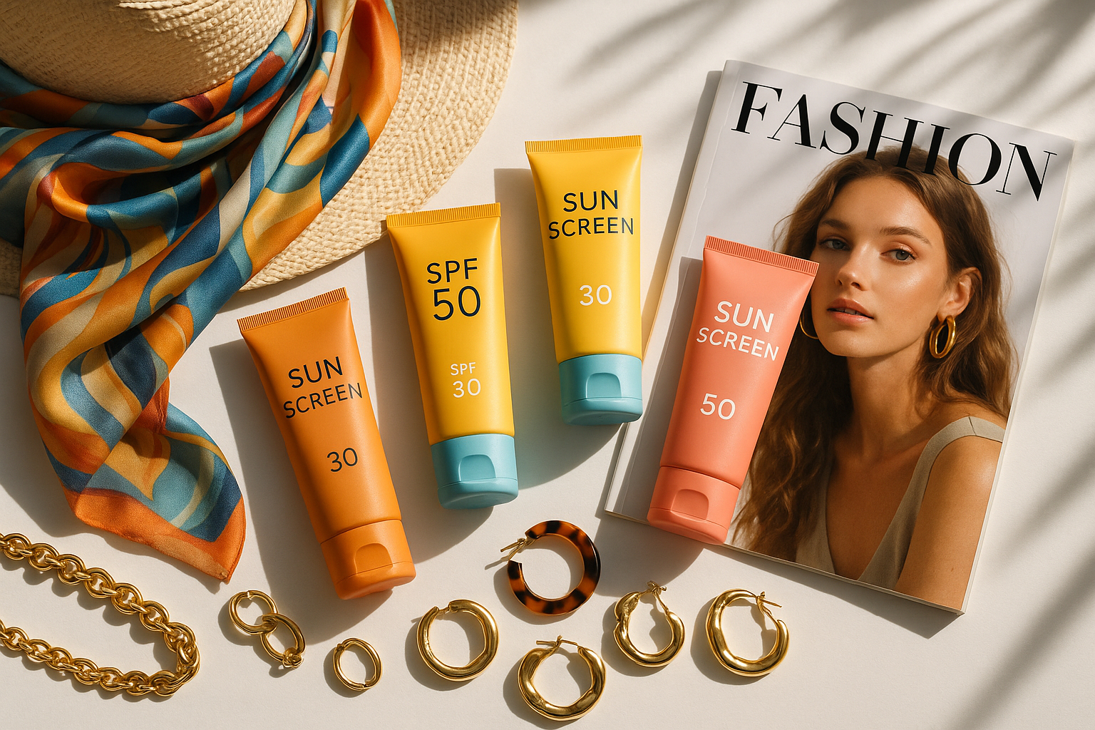 Disposition colorée de crèmes solaires et accessoires d