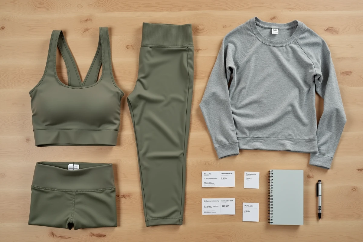 Flat lay de vêtements Thehalara avec étiquettes de composition de matières visibles sur table en bois