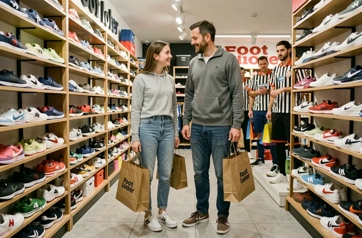 Père et fille faisant leurs achats ensemble dans un magasin Foot Locker à Aix-en-Provence avec des murs couverts de sneakers de grandes marques