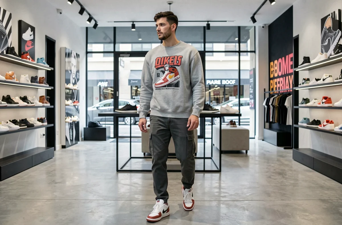 Jeune homme découvrant la nouvelle boutique Footkorner à Plan de Campagne dans un intérieur commercial moderne aux présentoirs de sneakers contemporains