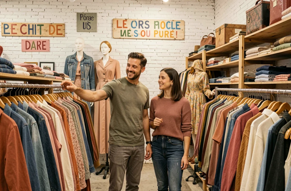 Un homme et une femme fouillent ensemble les vêtements mixtes de French Fripes, friperie vintage à Rennes