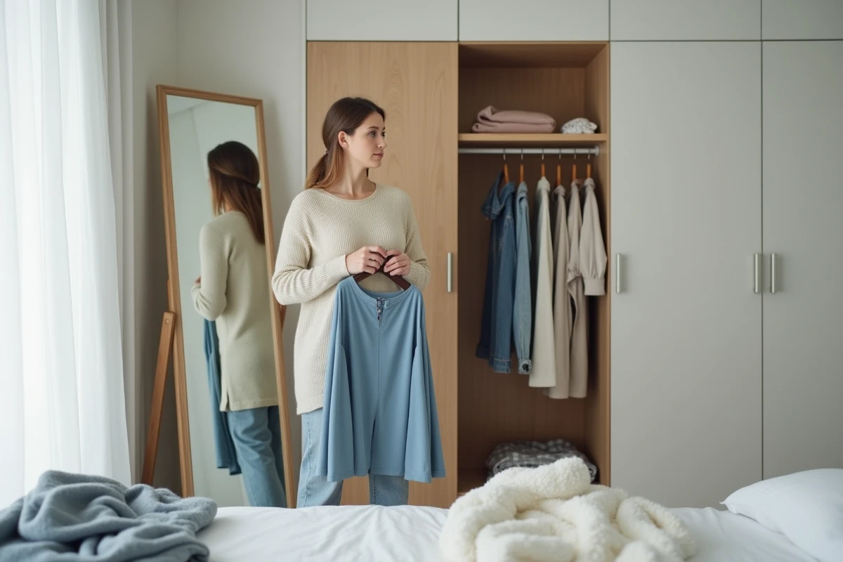 Femme qui trie sa garde-robe et essaie des vêtements devant un miroir, illustrant une mode de consommation vestimentaire réfléchie