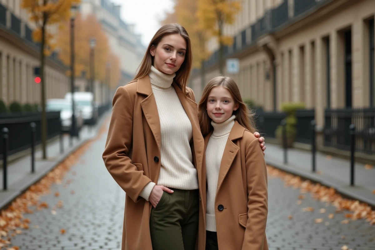 Mère et fille en manteaux camel assortis dans une rue pavée parisienne en automne