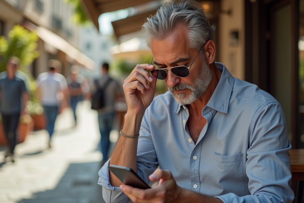 Homme ajustant ses lunettes de soleil dans un café en ville en plein air