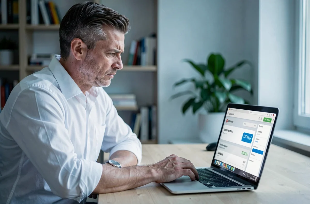 Homme scrutant son compte bancaire en ligne sur ordinateur portable pour identifier un paiement inconnu Sonstiges