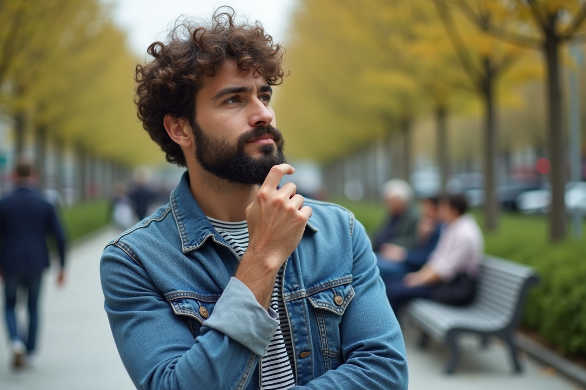 Homme décontracté avec barbe dans un parc urbain