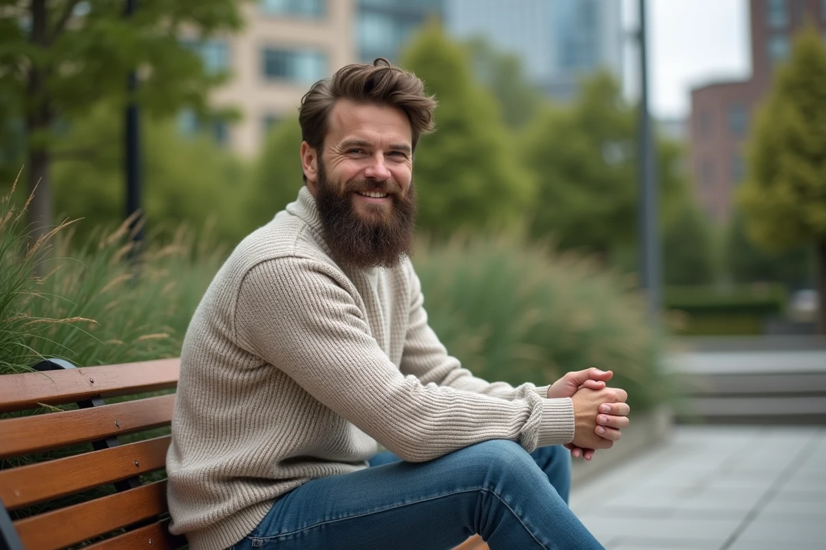 Homme décontracté avec barbe dans un parc urbain