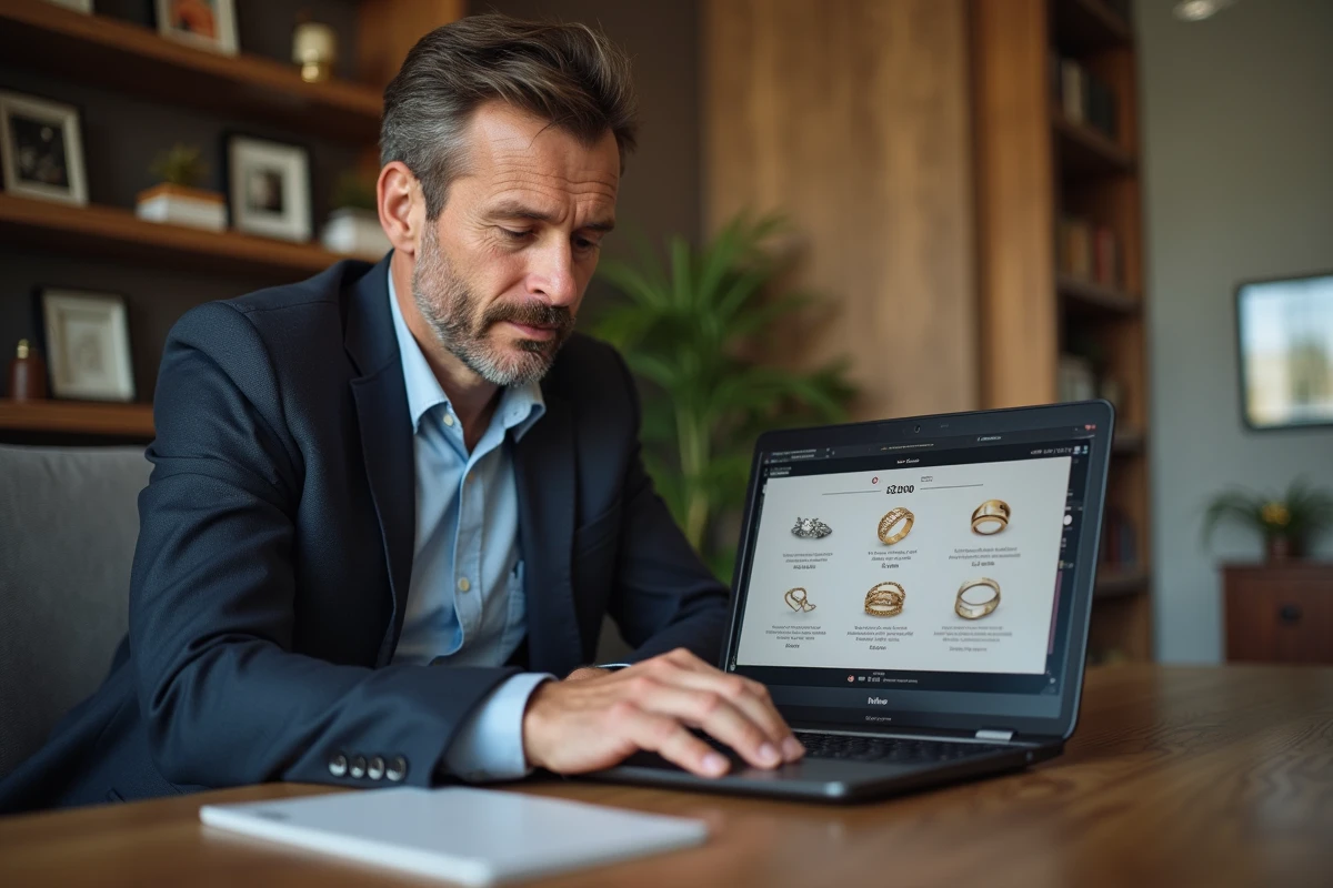 Homme regardant un site de bijoux sur son ordinateur à la maison