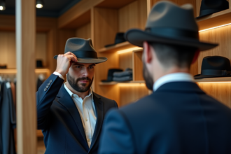 Homme en blazer ajusté et fedora dans une boutique élégante